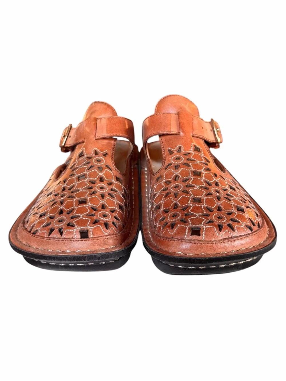 Alegria by PG Lite 35 Brown Leather Floral Laser-Cut Platform Sandals Comfort